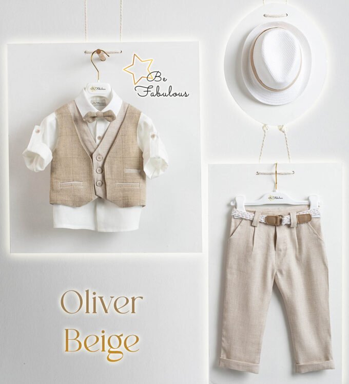 «OLIVER» Βαπτιστικό κοστούμι με αξεσουάρ για το κεφάλι