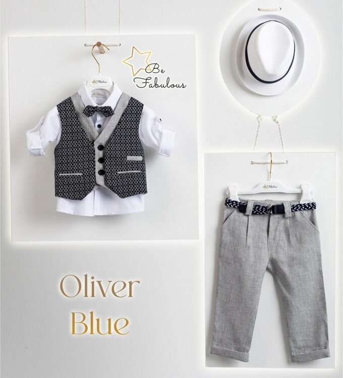 «OLIVER» Βαπτιστικό κοστούμι με αξεσουάρ για το κεφάλι